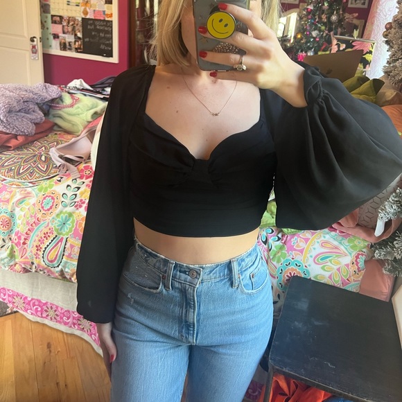 Black Long Sleeve Top | Cropped Long Sleeve Black Top - Picture 2 of 14